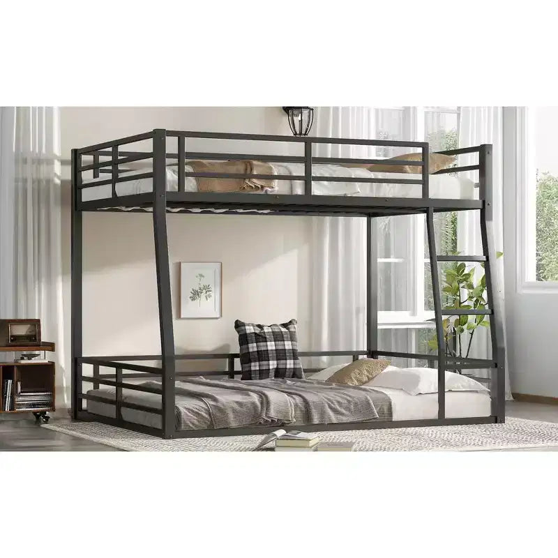 Bellemave Full XL Over Queen Metal Bunk Bed for Adults & Teens, Heavy Duty Space-Saving Frame, Guardrails, Noise-Free, No Box Spring, Black