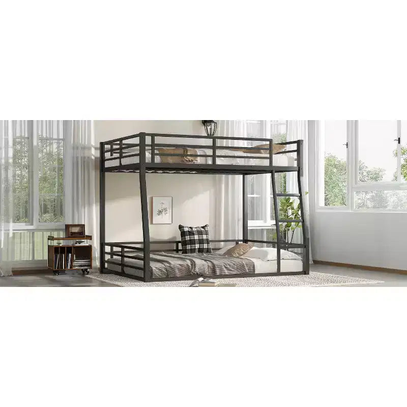 Bellemave Full XL Over Queen Metal Bunk Bed for Adults & Teens, Heavy Duty Space-Saving Frame, Guardrails, Noise-Free, No Box Spring, Black