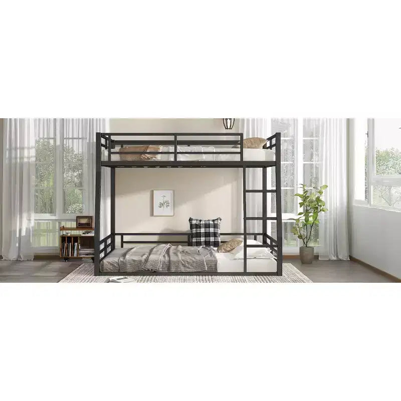 Bellemave Full XL Over Queen Metal Bunk Bed for Adults & Teens, Heavy Duty Space-Saving Frame, Guardrails, Noise-Free, No Box Spring, Black