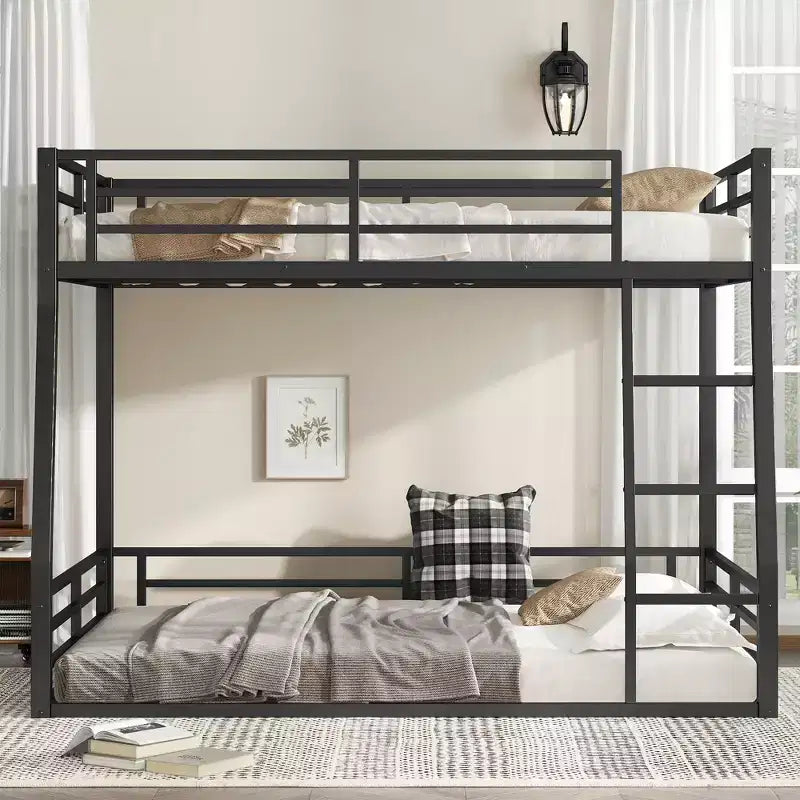 Bellemave Full XL Over Queen Metal Bunk Bed for Adults & Teens, Heavy Duty Space-Saving Frame, Guardrails, Noise-Free, No Box Spring, Black