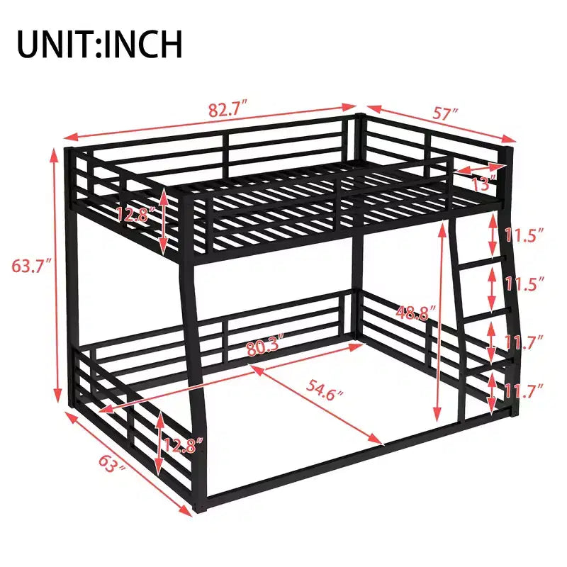 Bellemave Full XL Over Queen Metal Bunk Bed for Adults & Teens, Heavy Duty Space-Saving Frame, Guardrails, Noise-Free, No Box Spring, Black