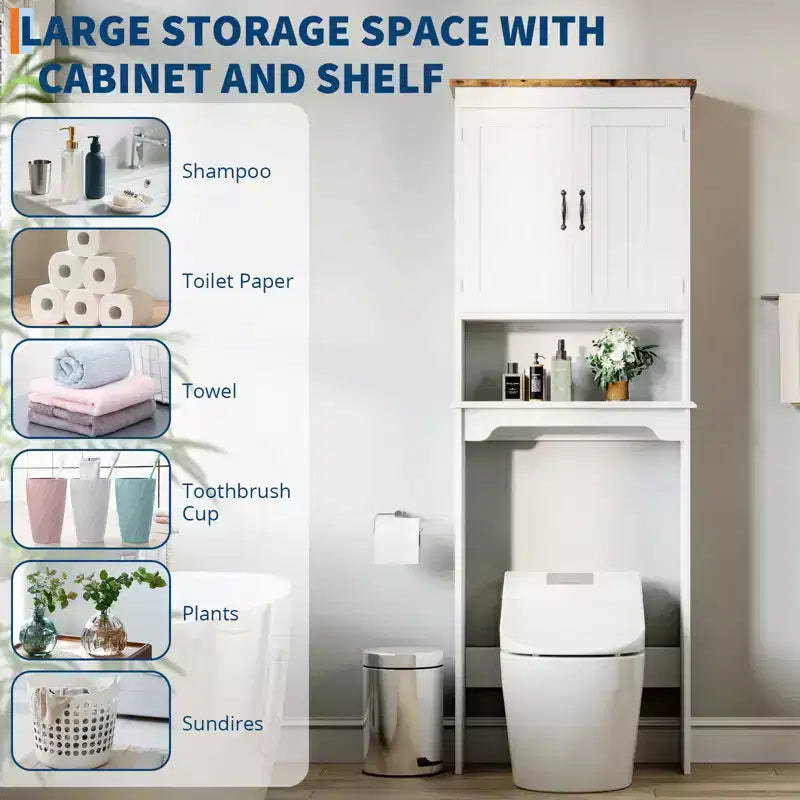 Over The Toilet Storage Cabinet with Toilet Paper Holder Double Door Bathroom Organizer with Adjustable Shelves Freestanding Bathroom Shelf , White