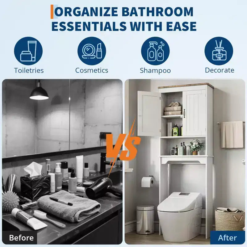 Over The Toilet Storage Cabinet with Toilet Paper Holder Double Door Bathroom Organizer with Adjustable Shelves Freestanding Bathroom Shelf , White
