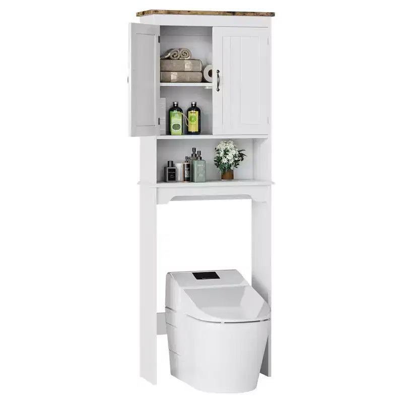 Over The Toilet Storage Cabinet with Toilet Paper Holder Double Door Bathroom Organizer with Adjustable Shelves Freestanding Bathroom Shelf , White