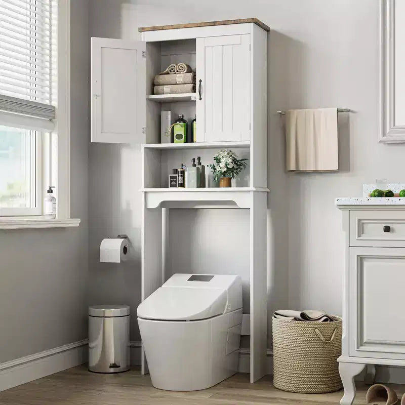 Over The Toilet Storage Cabinet with Toilet Paper Holder Double Door Bathroom Organizer with Adjustable Shelves Freestanding Bathroom Shelf , White
