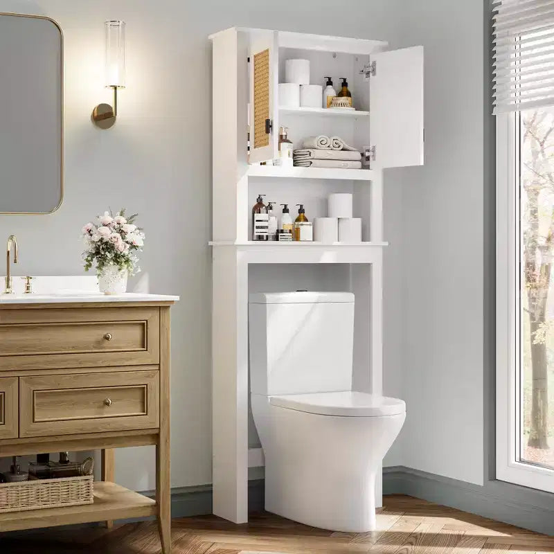 Over The Toilet Storage Cabinet with Toilet Paper Holder Double Door Bathroom Organizer with Adjustable Shelves Freestanding Bathroom Shelf , White