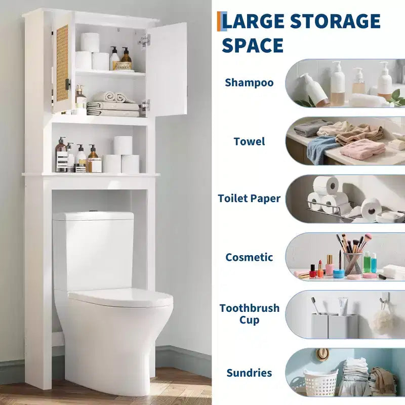 Over The Toilet Storage Cabinet with Toilet Paper Holder Double Door Bathroom Organizer with Adjustable Shelves Freestanding Bathroom Shelf , White