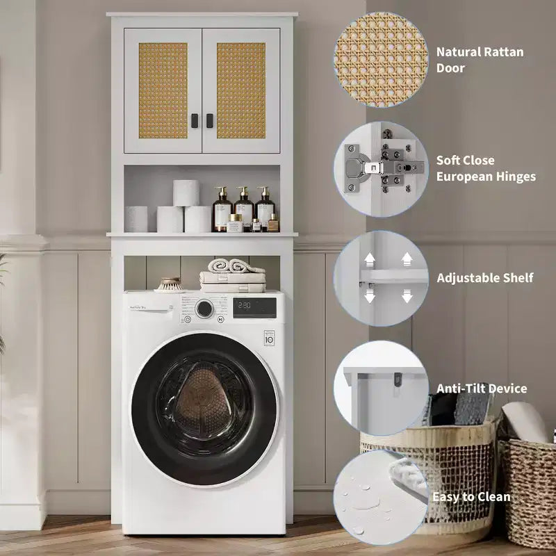 Over The Toilet Storage Cabinet with Toilet Paper Holder Double Door Bathroom Organizer with Adjustable Shelves Freestanding Bathroom Shelf , White