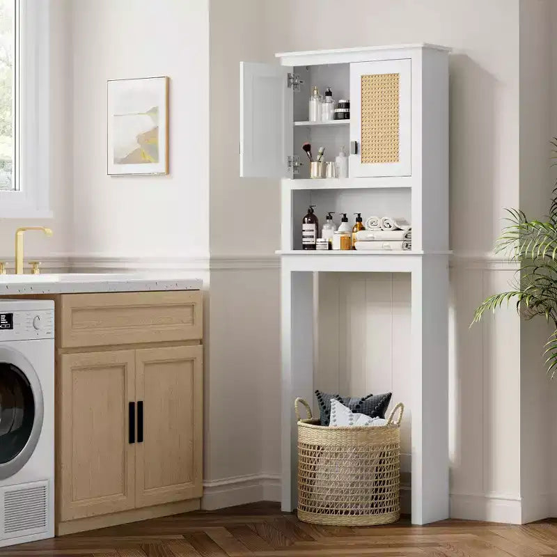 Over The Toilet Storage Cabinet with Toilet Paper Holder Double Door Bathroom Organizer with Adjustable Shelves Freestanding Bathroom Shelf , White