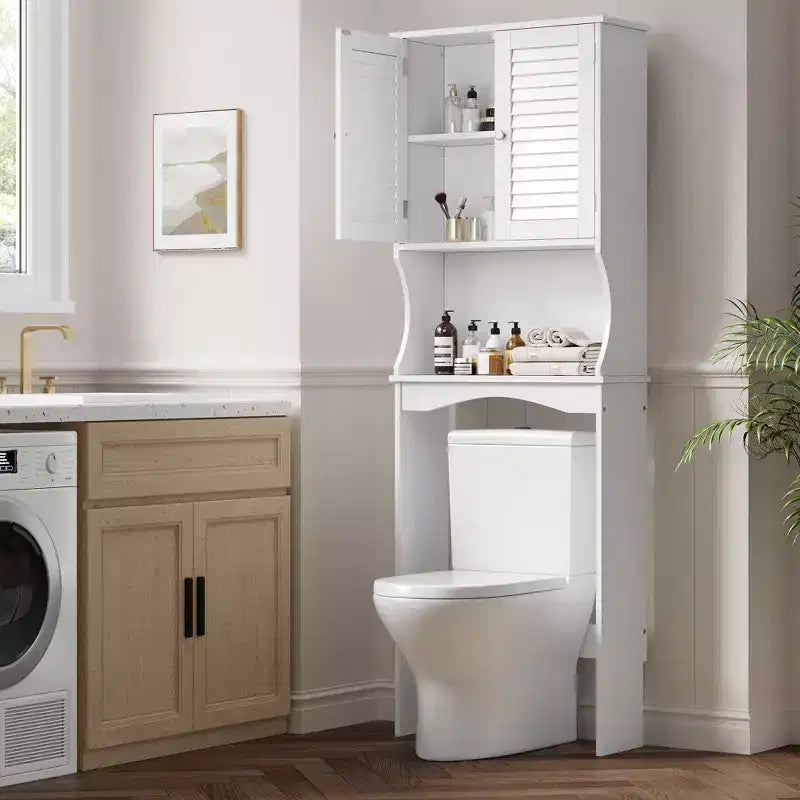 Over The Toilet Storage Cabinet with Toilet Paper Holder Double Door Bathroom Organizer with Adjustable Shelves Freestanding Bathroom Shelf , White