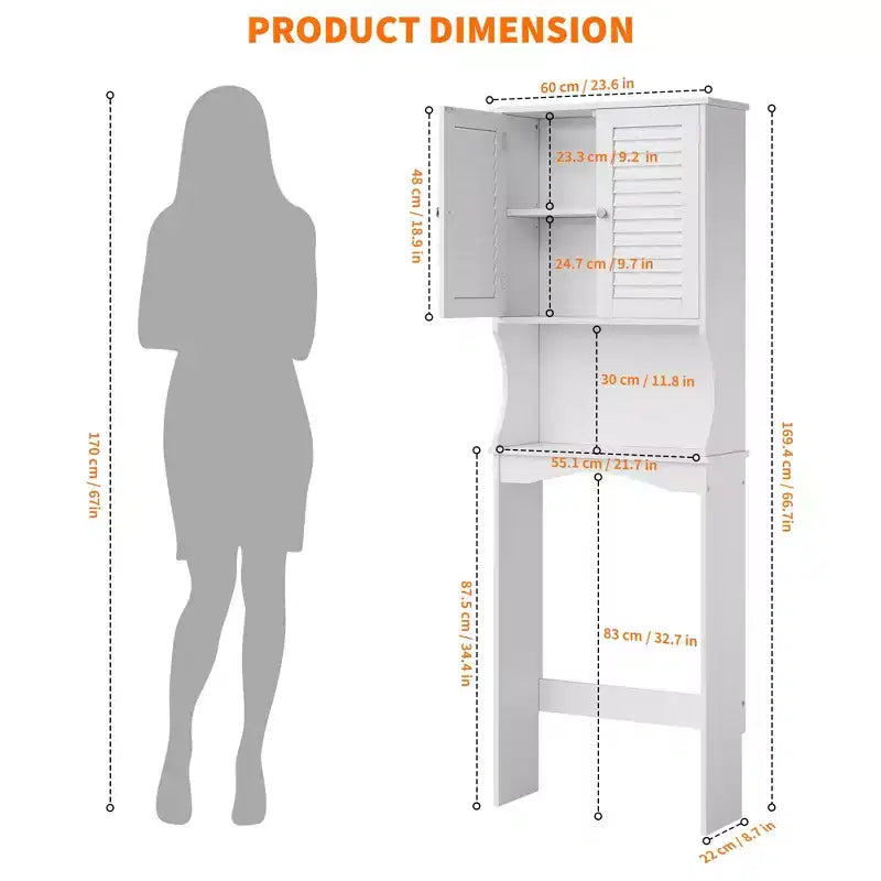 Over The Toilet Storage Cabinet with Toilet Paper Holder Double Door Bathroom Organizer with Adjustable Shelves Freestanding Bathroom Shelf , White