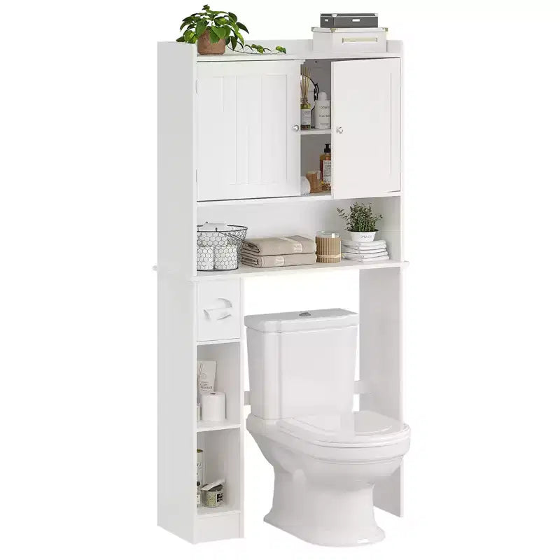 Over The Toilet Storage Cabinet with Toilet Paper Holder Double Door Bathroom Organizer with Adjustable Shelves Freestanding Bathroom Shelf , White