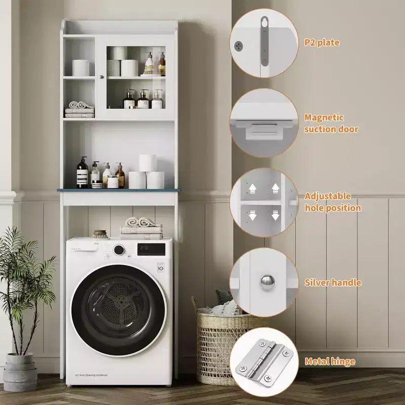 Over The Toilet Storage Cabinet with Toilet Paper Holder Double Door Bathroom Organizer with Adjustable Shelves Freestanding Bathroom Shelf , White