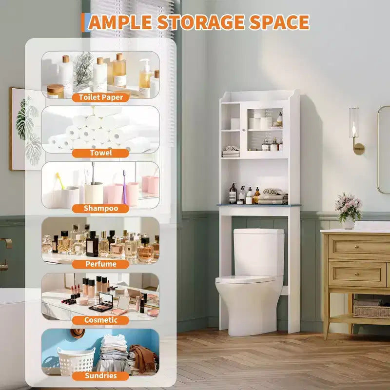 Over The Toilet Storage Cabinet with Toilet Paper Holder Double Door Bathroom Organizer with Adjustable Shelves Freestanding Bathroom Shelf , White