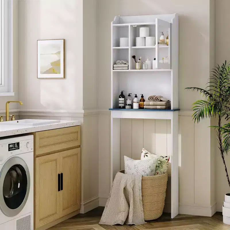 Over The Toilet Storage Cabinet with Toilet Paper Holder Double Door Bathroom Organizer with Adjustable Shelves Freestanding Bathroom Shelf , White