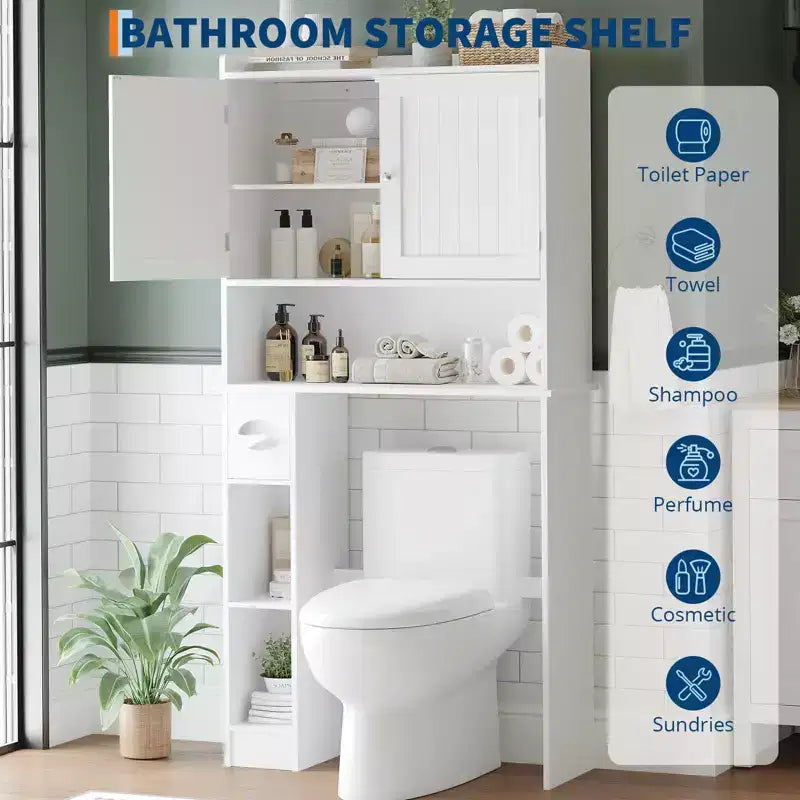 Over The Toilet Storage Cabinet with Toilet Paper Holder Double Door Bathroom Organizer with Adjustable Shelves Freestanding Bathroom Shelf , White