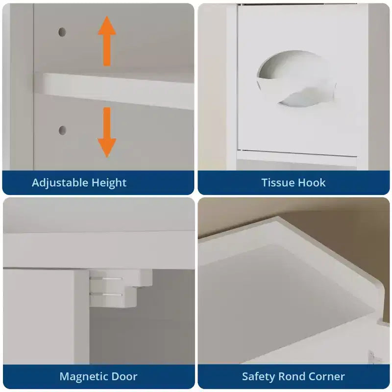 Over The Toilet Storage Cabinet with Toilet Paper Holder Double Door Bathroom Organizer with Adjustable Shelves Freestanding Bathroom Shelf , White