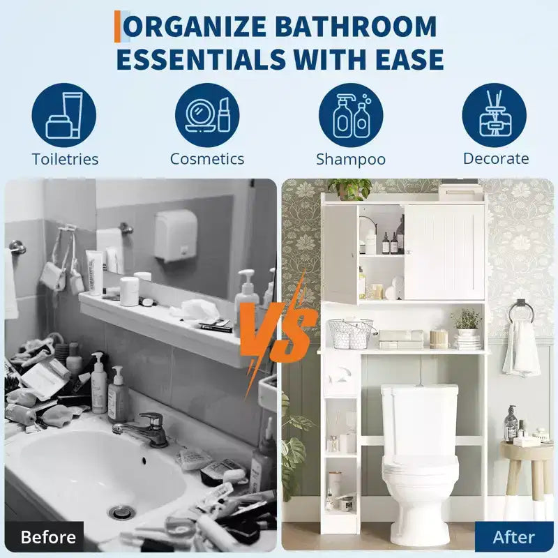 Over The Toilet Storage Cabinet with Toilet Paper Holder Double Door Bathroom Organizer with Adjustable Shelves Freestanding Bathroom Shelf , White