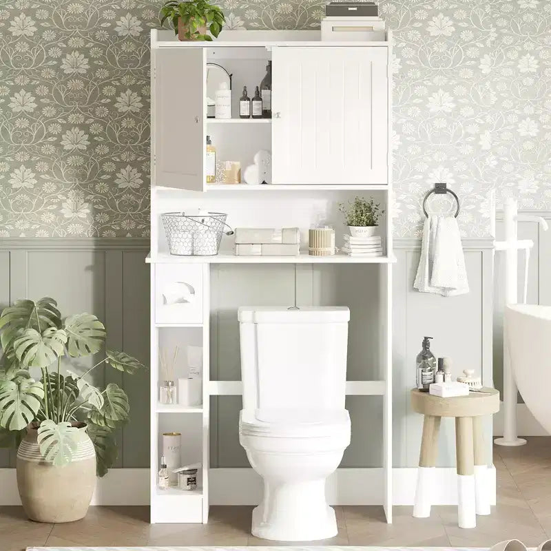 Over The Toilet Storage Cabinet with Toilet Paper Holder Double Door Bathroom Organizer with Adjustable Shelves Freestanding Bathroom Shelf , White