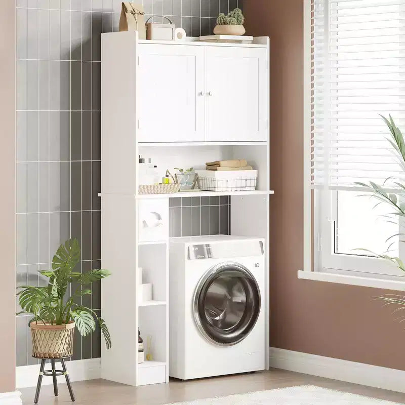 Over The Toilet Storage Cabinet with Toilet Paper Holder Double Door Bathroom Organizer with Adjustable Shelves Freestanding Bathroom Shelf , White
