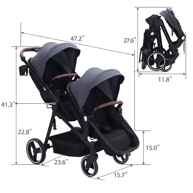 Foldable double stroller for newborns and toddlers with a reversible seat, five-point safety harness, adjustable backrest, and canopy storage basket