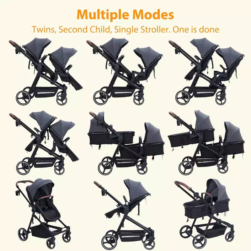 Foldable double stroller for newborns and toddlers with a reversible seat, five-point safety harness, adjustable backrest, and canopy storage basket