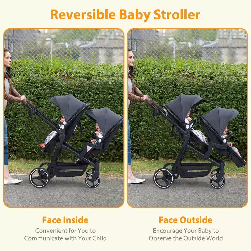 Foldable double stroller for newborns and toddlers with a reversible seat, five-point safety harness, adjustable backrest, and canopy storage basket