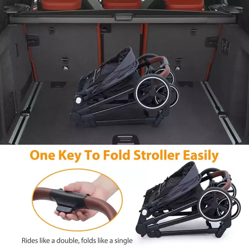 Foldable double stroller for newborns and toddlers with a reversible seat, five-point safety harness, adjustable backrest, and canopy storage basket