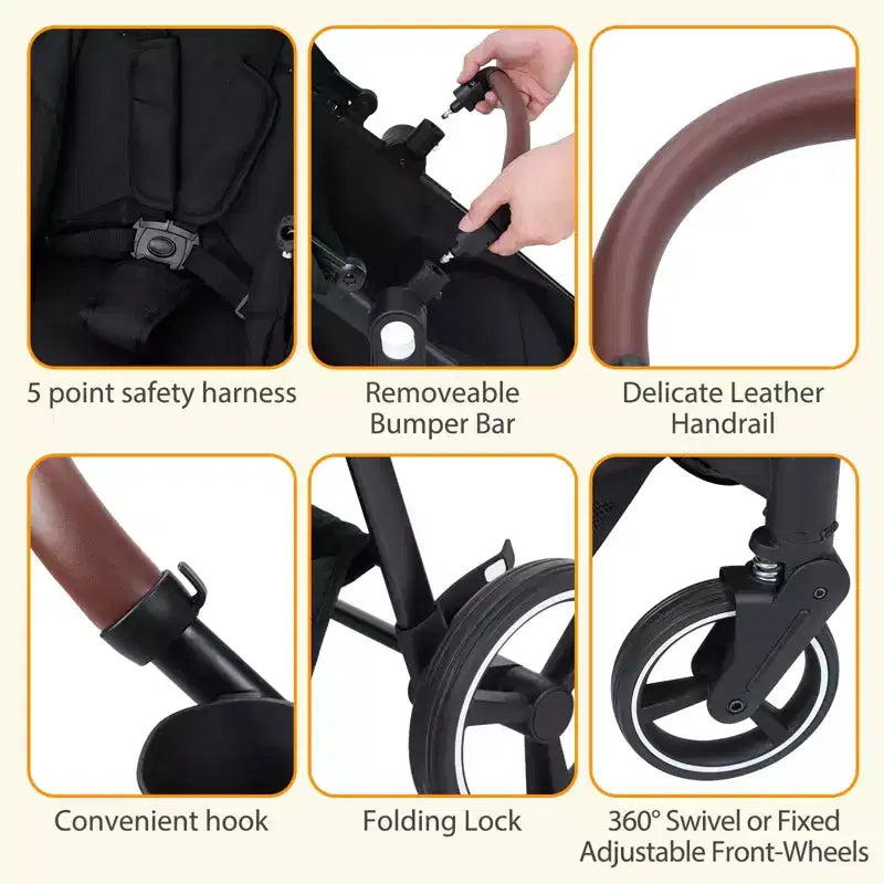 Foldable double stroller for newborns and toddlers with a reversible seat, five-point safety harness, adjustable backrest, and canopy storage basket