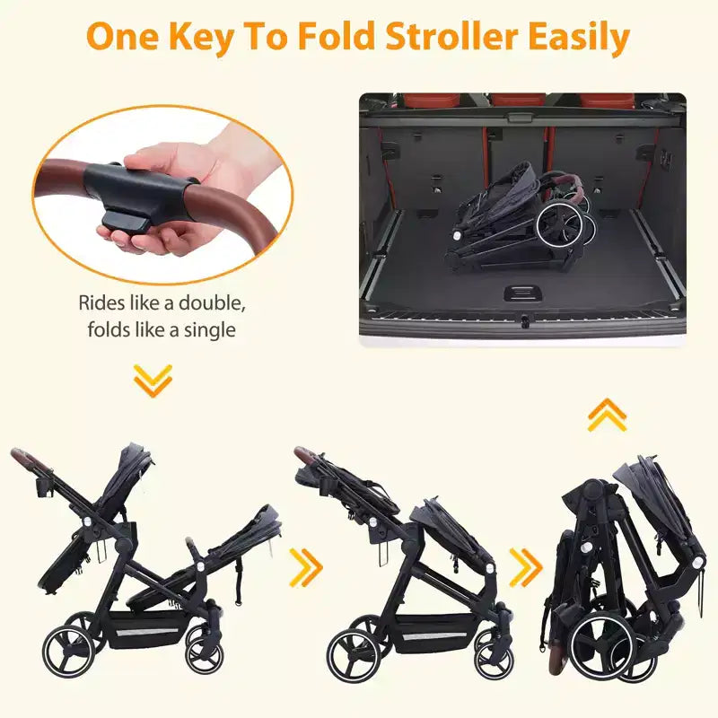 Foldable double stroller for newborns and toddlers with a reversible seat, five-point safety harness, adjustable backrest, and canopy storage basket