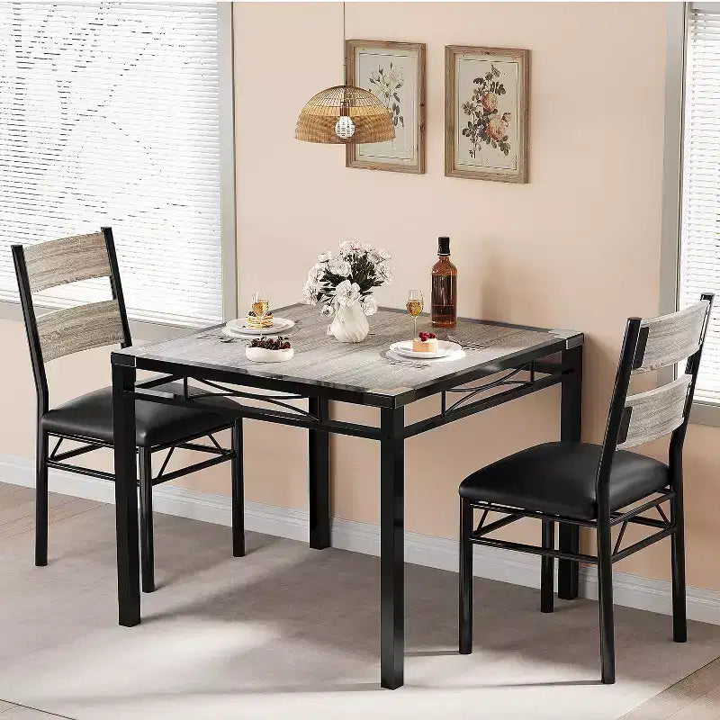 Dining Table Set for 2, Dining Table with 2 Upholstered Chairs, Wood 3-Piece Kitchen Dining Room Table Set with Corner Protector for Small Space