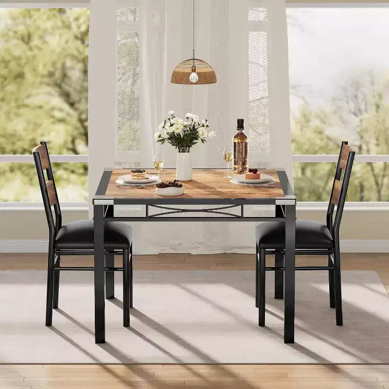 Dining Table Set for 2, Dining Table with 2 Upholstered Chairs, Wood 3-Piece Kitchen Dining Room Table Set with Corner Protector for Small Space