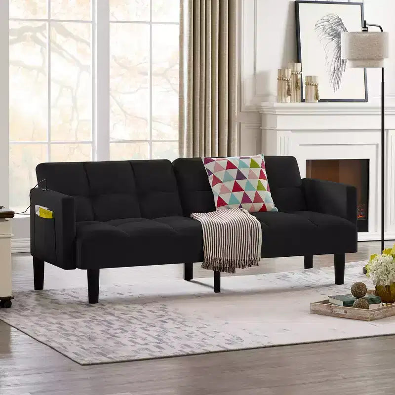 MAYEERTY Velvet Futon Couch Convertible Folding Three Seater Sofa Bed Tufted Couch for Apartment Black