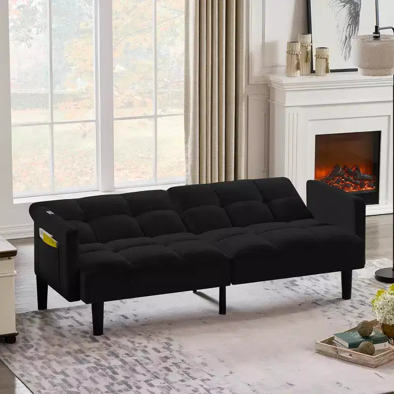 MAYEERTY Velvet Futon Couch Convertible Folding Three Seater Sofa Bed Tufted Couch for Apartment Black