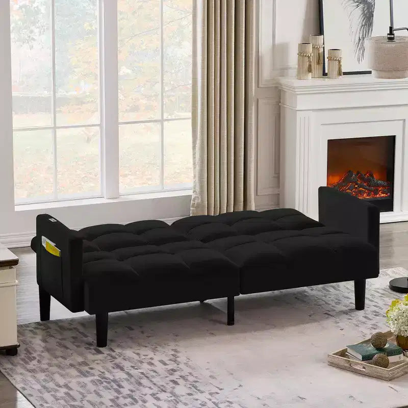 MAYEERTY Velvet Futon Couch Convertible Folding Three Seater Sofa Bed Tufted Couch for Apartment Black