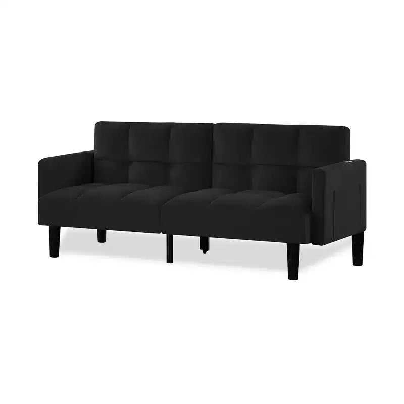 MAYEERTY Velvet Futon Couch Convertible Folding Three Seater Sofa Bed Tufted Couch for Apartment Black