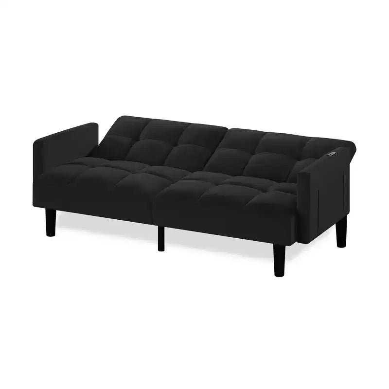MAYEERTY Velvet Futon Couch Convertible Folding Three Seater Sofa Bed Tufted Couch for Apartment Black