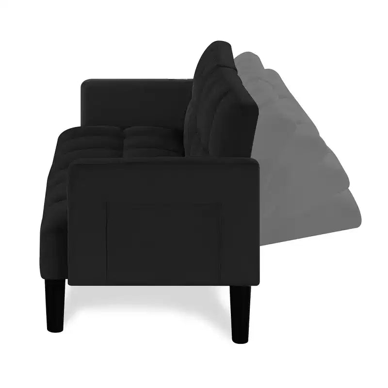 MAYEERTY Velvet Futon Couch Convertible Folding Three Seater Sofa Bed Tufted Couch for Apartment Black