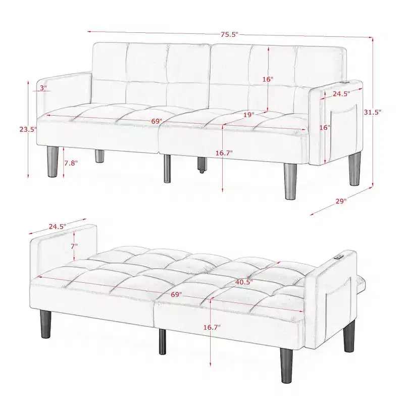 MAYEERTY Velvet Futon Couch Convertible Folding Three Seater Sofa Bed Tufted Couch for Apartment Black