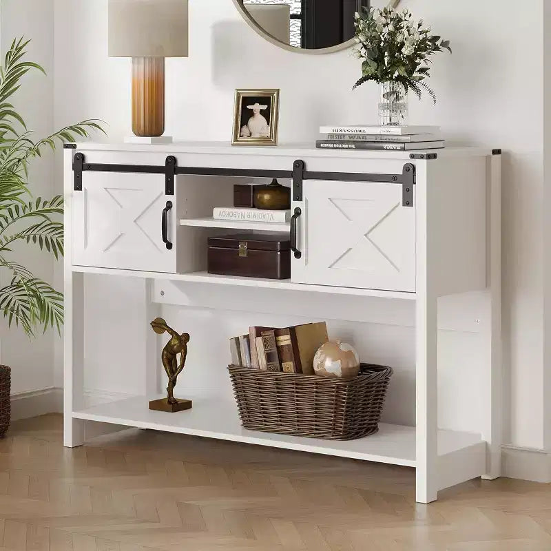Heynemo Console Table with Storage Shelf & Sliding Barn Door, Farmhouse Entryway Table with Storage, 46 Narrow Long Sofa Table, Console Tables