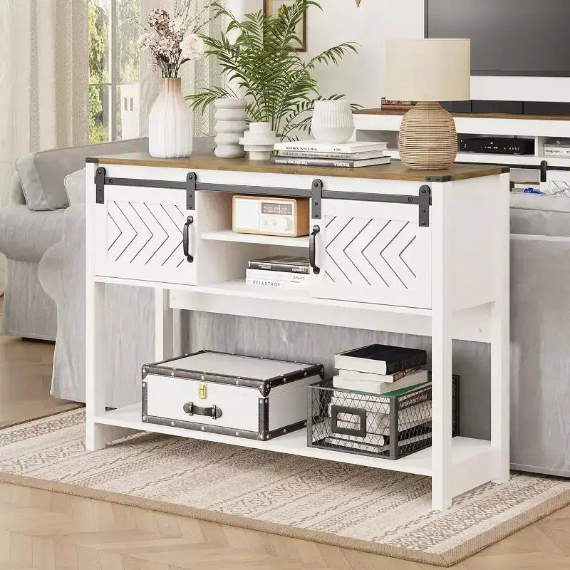 Heynemo Console Table with Storage Shelf & Sliding Barn Door, Farmhouse Entryway Table with Storage, 46 Narrow Long Sofa Table, Console Tables