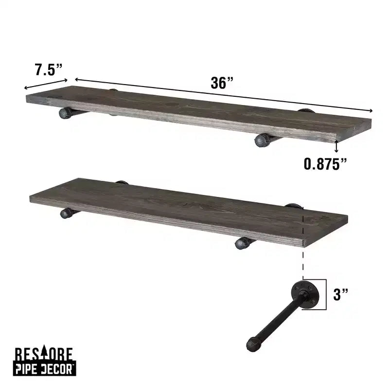 RESTORE Boulder Black 36 in. Shelves with Noir Pre-finished Straight Brackets by Pipe Decor
