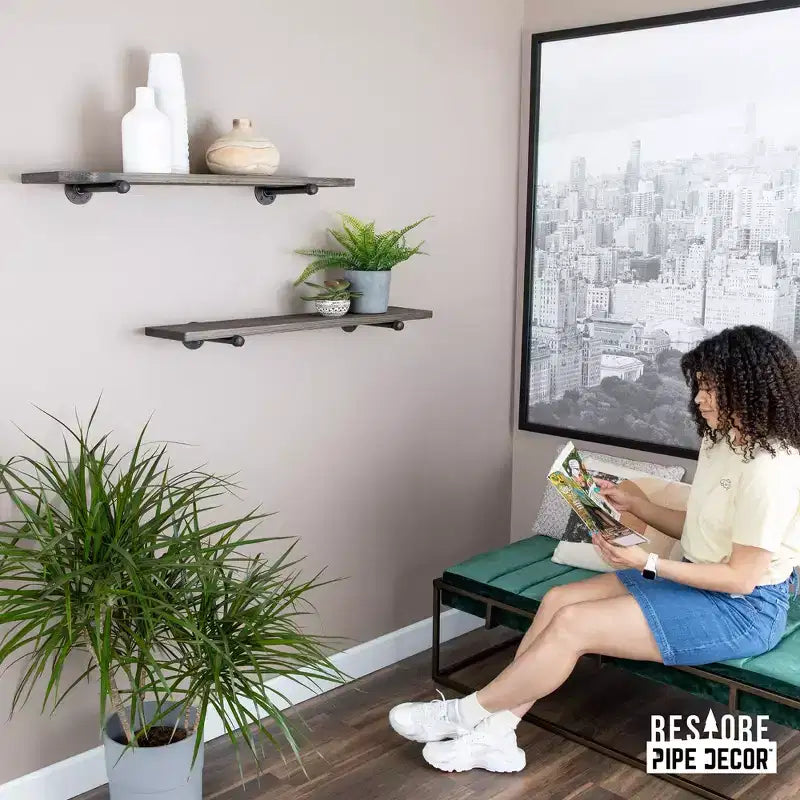 RESTORE Boulder Black 36 in. Shelves with Noir Pre-finished Straight Brackets by Pipe Decor