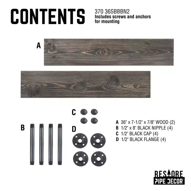 RESTORE Boulder Black 36 in. Shelves with Noir Pre-finished Straight Brackets by Pipe Decor