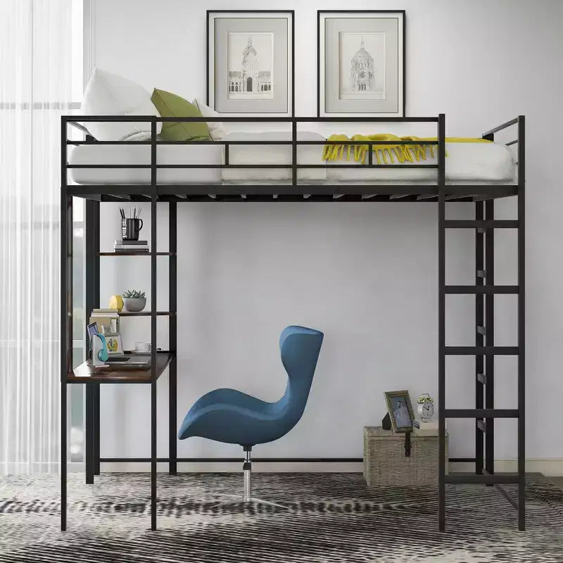Bellemave Full Size Metal Loft Bed with 2 Shelves and one Desk ,Black