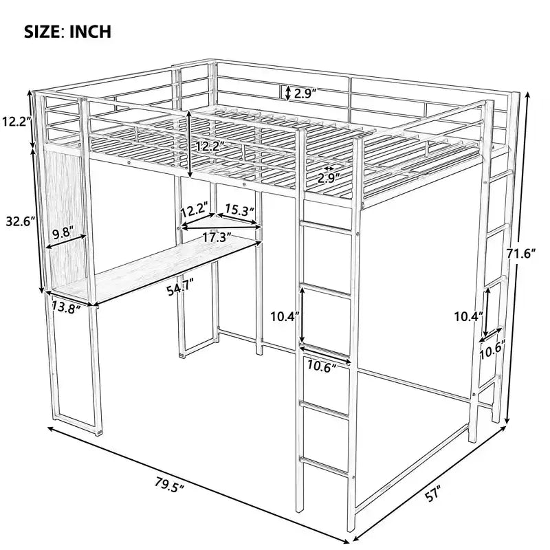 Bellemave Full Size Metal Loft Bed with 2 Shelves and one Desk ,Black