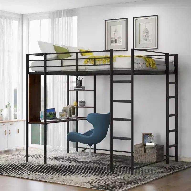 Bellemave Full Size Metal Loft Bed with 2 Shelves and one Desk ,Black