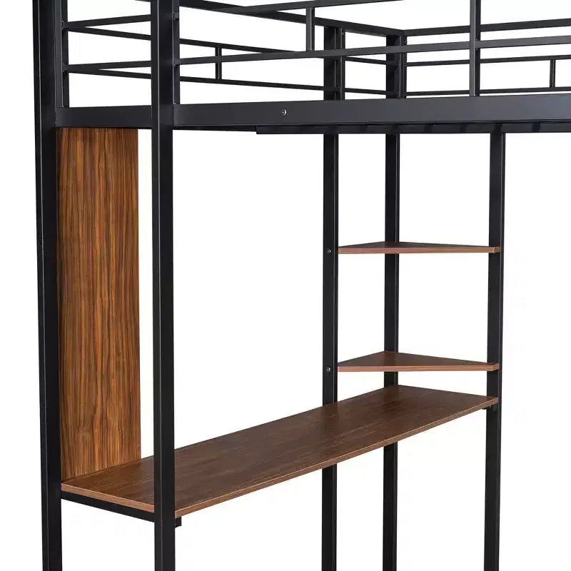 Bellemave Full Size Metal Loft Bed with 2 Shelves and one Desk ,Black