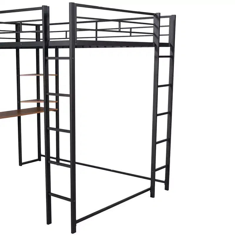 Bellemave Full Size Metal Loft Bed with 2 Shelves and one Desk ,Black