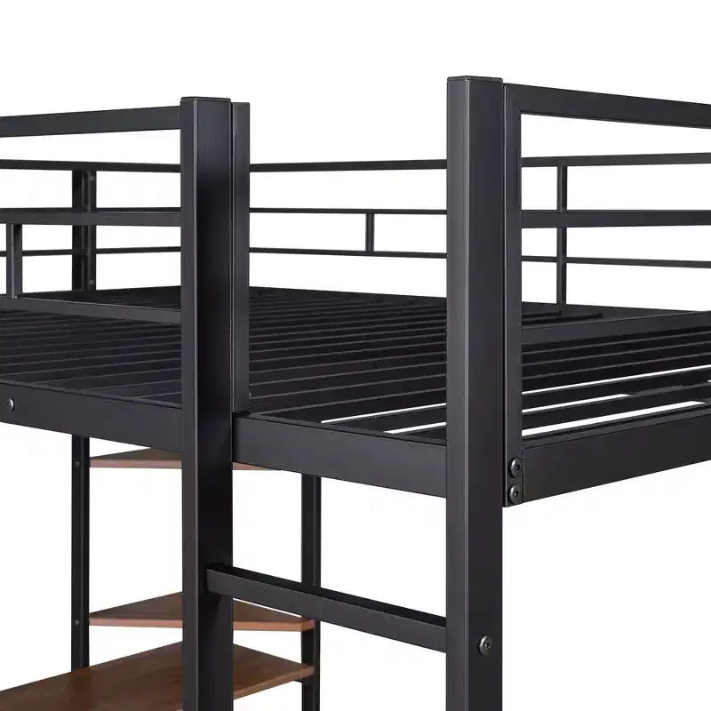 Bellemave Full Size Metal Loft Bed with 2 Shelves and one Desk ,Black